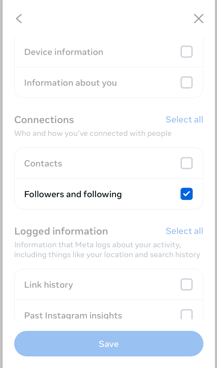 A list of the types of downloadable data. The only type selected is 'Followers and following' under the 'Connections' section.